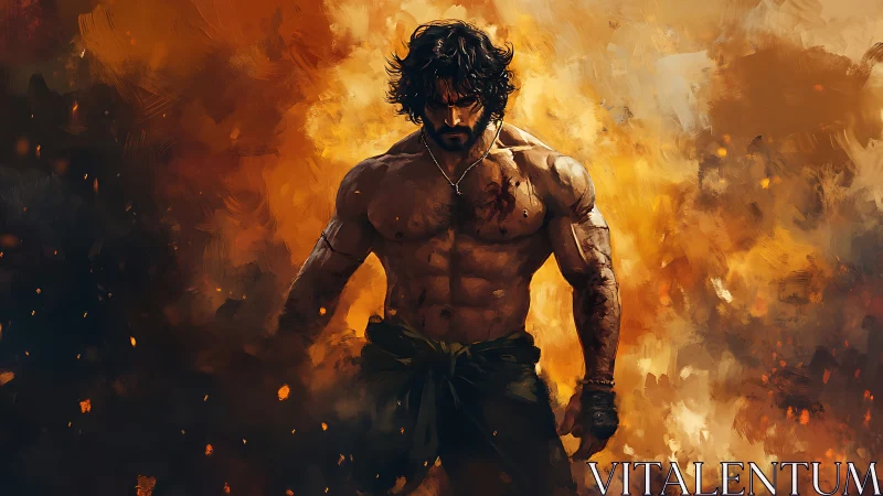 Warrior strides through burning storm of embers and fury.