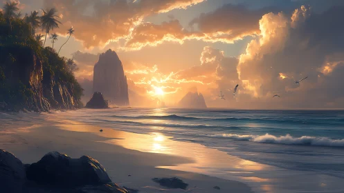 Sunlit tropical shore with cliffs, waves, and seabirds at dusk.