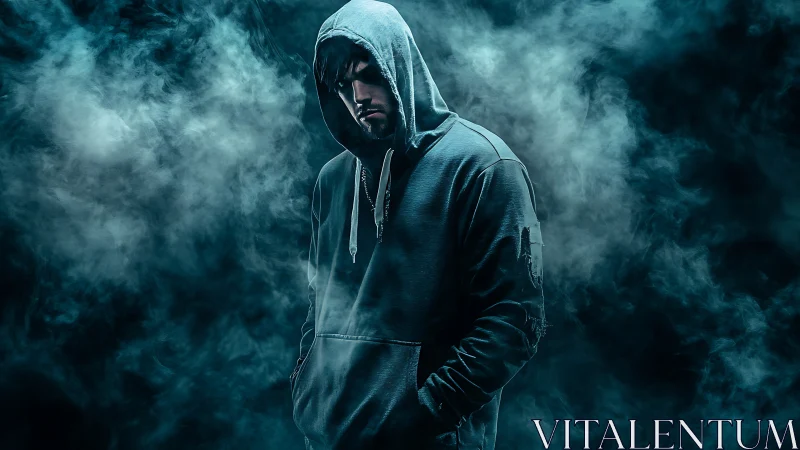 Hooded figure in teal volumetric fog with cinematic rim lighting.