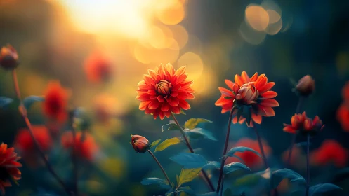 Radiant Dahlias Glowing Against Golden Hour Bokeh.