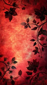 Vignetted red floral background with silhouetted vector foliage curling