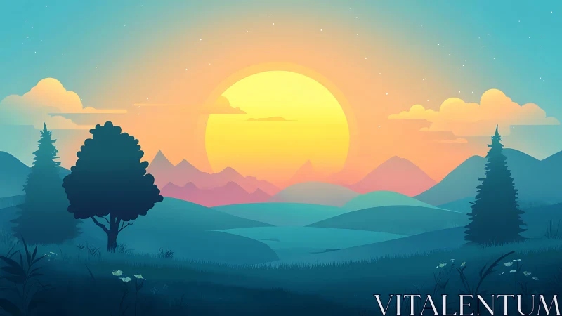 Sunlit gradient landscape with stylized hills and trees.