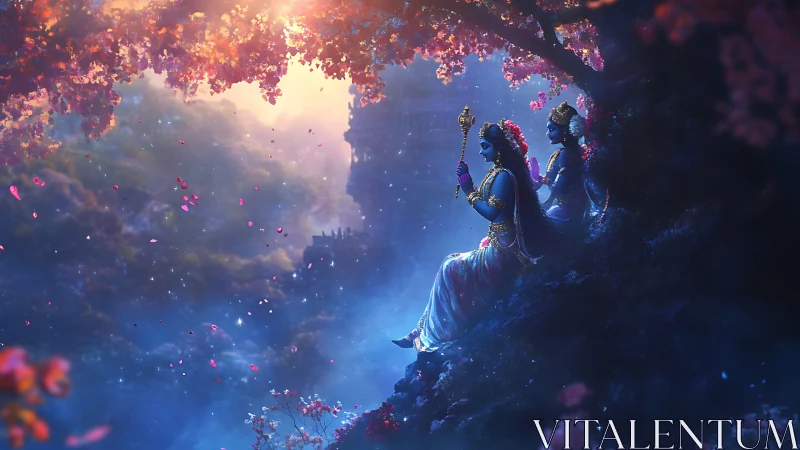 Divine blue deities resting under luminous blossom canopy.
