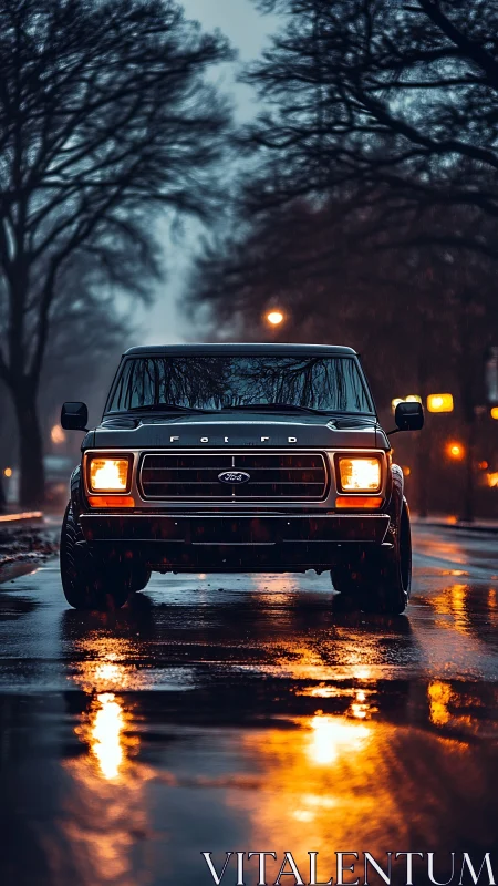 Classic Ford truck idles on wet city street at dusk