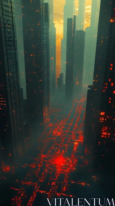 Neon-lit futuristic avenue burns through misty megacity.