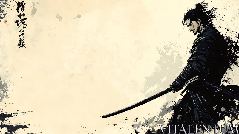 Ink-wash samurai warrior profile with drawn katana blade poised