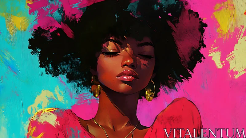 Radiant portrait in neon brushstrokes of serene woman.