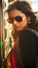 Backlit portrait of woman in sari with aviator sunglasses boarding