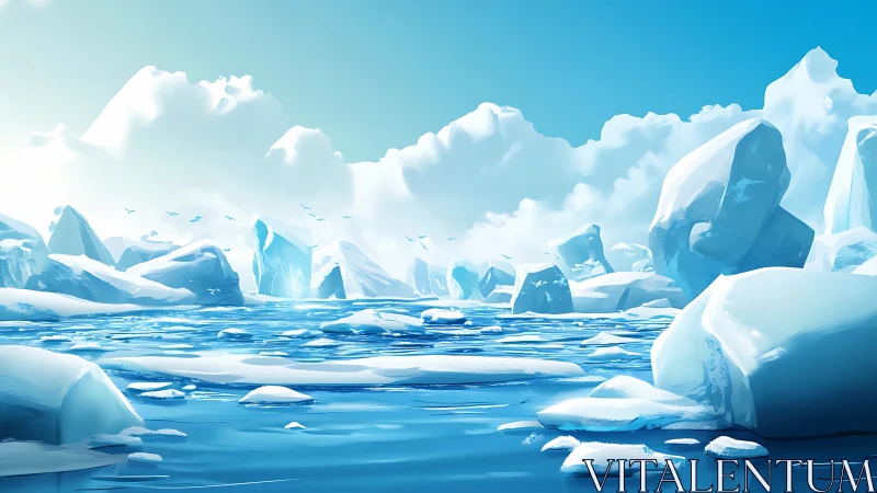 Icebergs float across a bright blue polar seascape