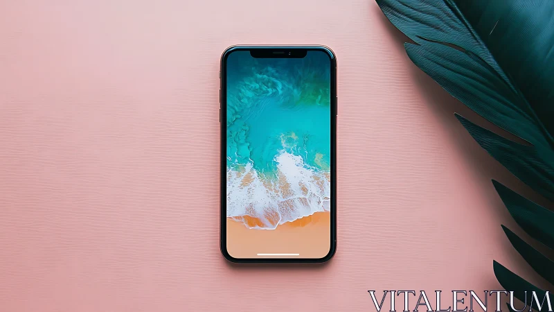 Smartphone Displays Tropical Beach Waves Against Pink Background.