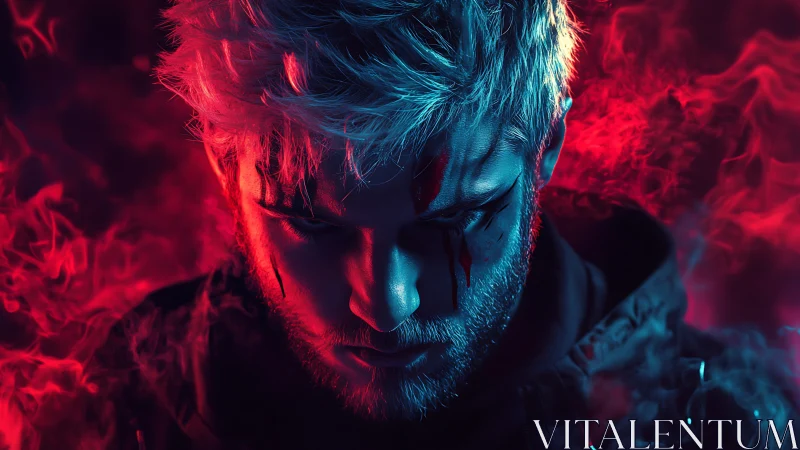 Brooding silver haired man glows in vivid neon smoke light