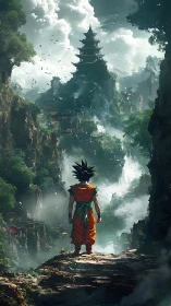 Warrior overlooking misty pagoda valley in epic fantasy scene.