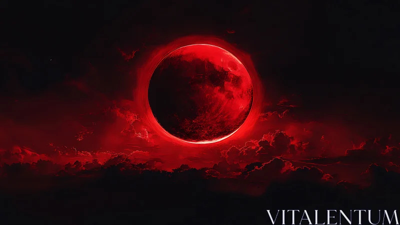 Blood-red eclipse looms over storm-dark cosmic clouds