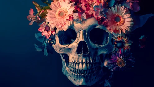Digital painting of floral crowned skull in dramatic chiaroscuro.
