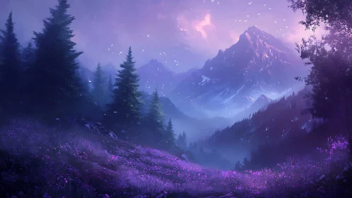 Luminous alpine valley recedes toward mist-veiled violet peaks