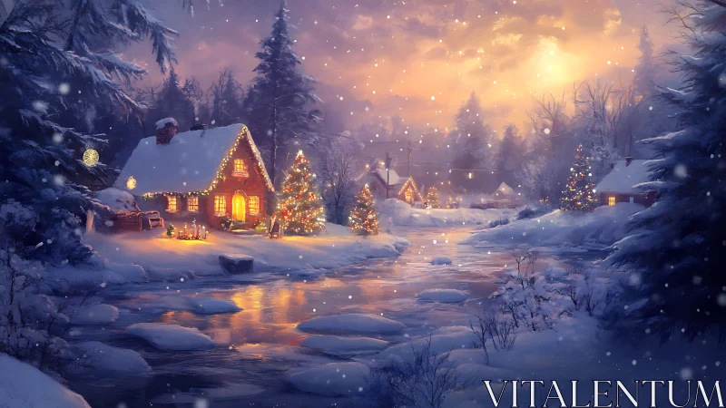 Snow-covered river settlement with illuminated cabins at dusk.