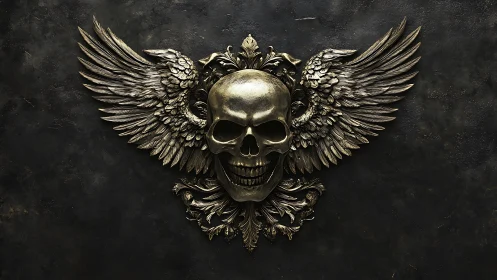Winged metallic skull relief is centered on dark surface