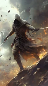 Hooded rogue warrior strides through molten battlefield storm.