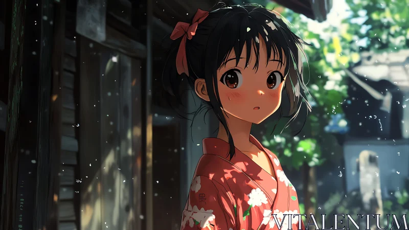 Anime courtyard portrait in warm bokeh lighting composition.