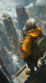 Older hiker surveys dense futuristic city skyline from height.