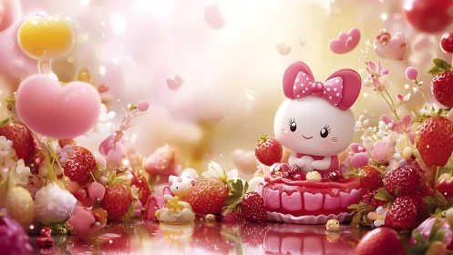 3D rendered character figure surrounded by strawberries and floral elements