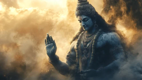 Divine blue deity emerges from glowing celestial clouds