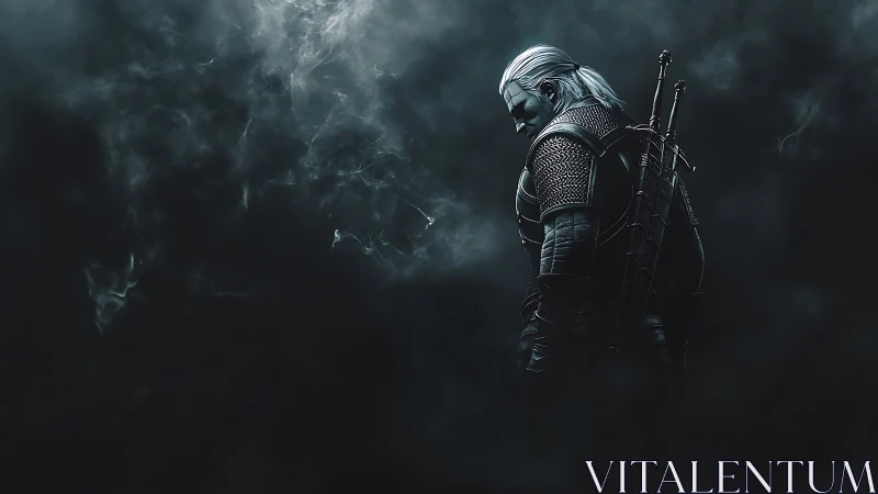 Digital painting of lone armored swordsman in smoky void focus.