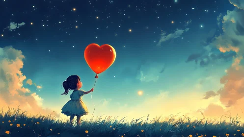 Girl Holding Heart-Shaped Balloon in Dreamlike Field at Dusk.