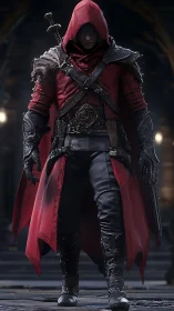 Hooded figure in red coat stands in detailed fantasy armor