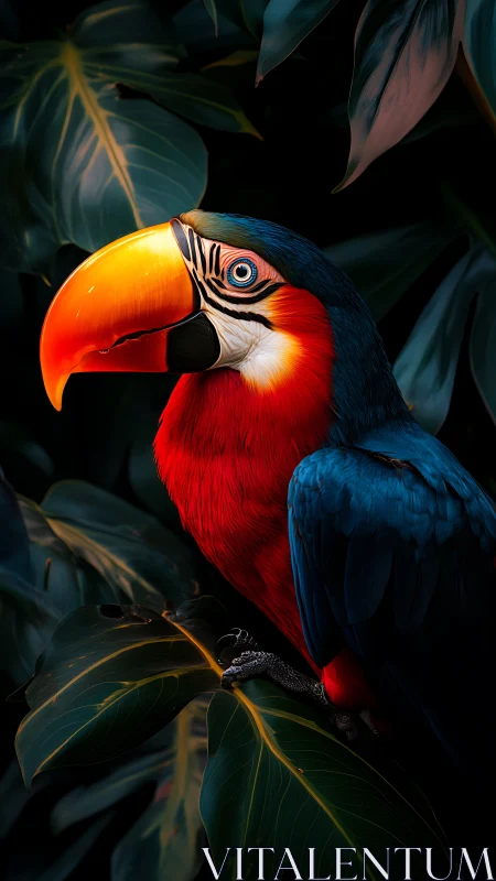 Scarlet and blue toucan perched amid dark jungle leaves.