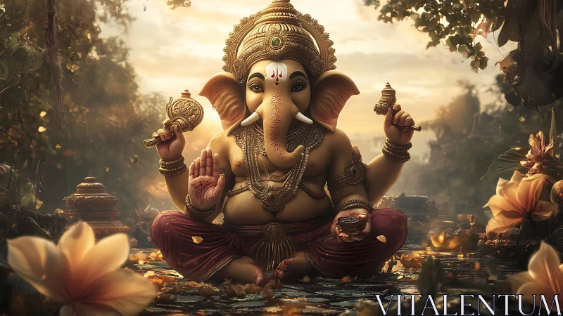 Golden dusk Ganesh meditating among blooming jungle lotuses.