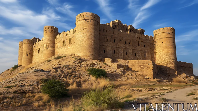 Massive desert fortress with cylindrical corner towers.