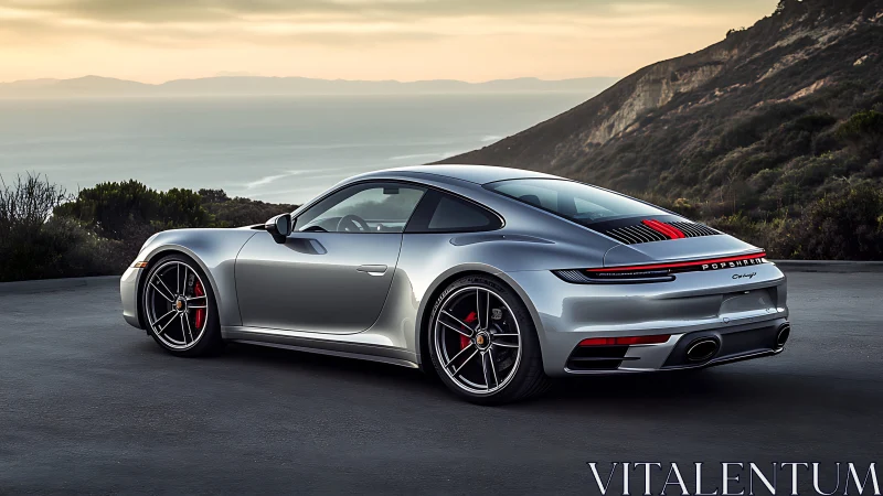 Silver Porsche 911 coupe parked on coastal mountain road.