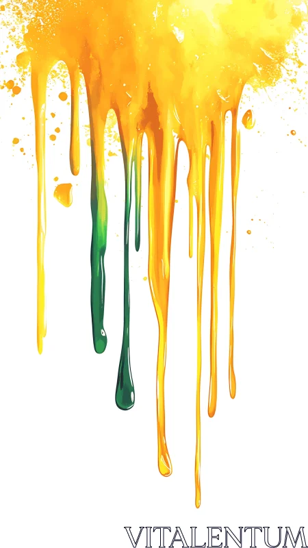 Radiant yellow paint drips with bold green accent strokes.