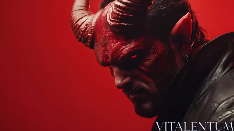 Demonic horned portrait under red cinematic lighting.