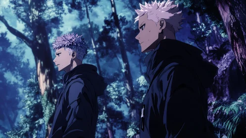 Twin anime warriors stand tense in a moonlit forest scene.