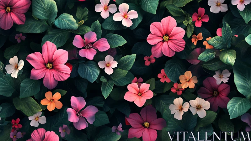 Floral Arrangement: Pink and Orange Flowers with Green Foliage on Dark Background
