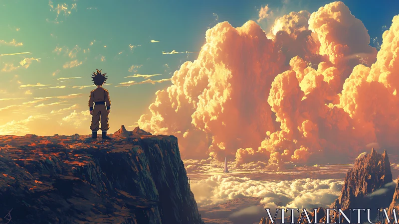 Solitary figure on cliff facing dense orange cloudscape.