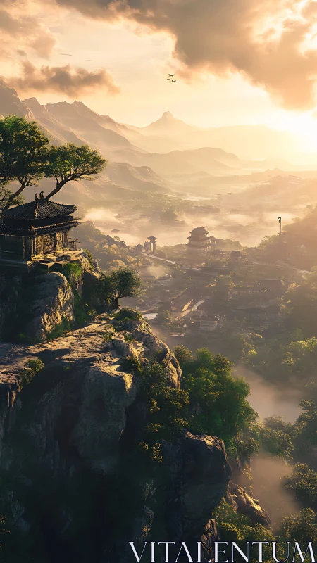 Sunlit mountain temple overlooks misty valley settlement