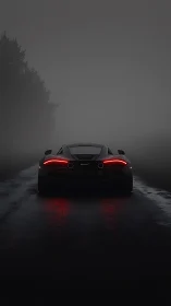 Midnight supercar glows through rain-soaked foggy highway.