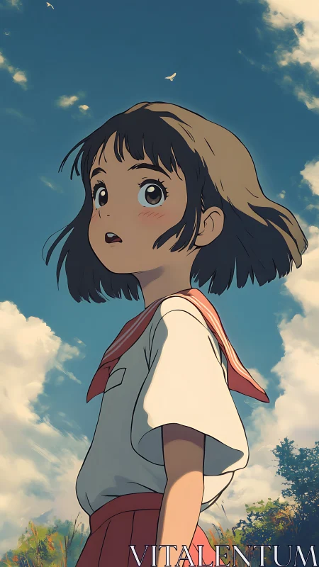 Sunlit anime schoolgirl gazing upward under expansive summer sky