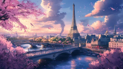 Paris spring skyline under cherry blossoms at sunset.