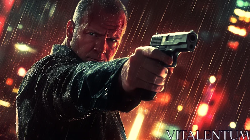 Gritty lone hero aims a pistol under neon rain at night