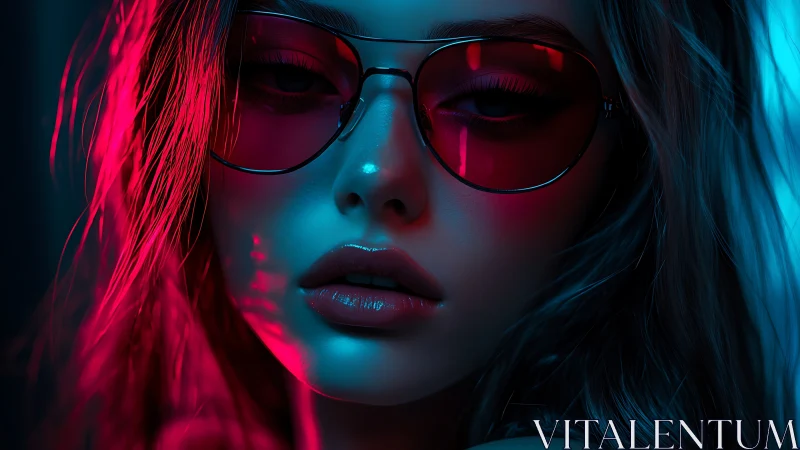 Neon-lit close portrait with cyan rim lighting and red lenses