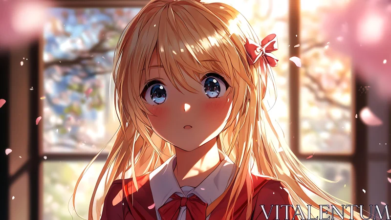 Backlit anime girl with bokeh-lit petals and warm rim lighting