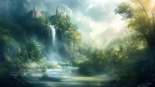 Castle stands above waterfalls within dense forest valley