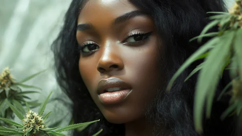 Portrait of Woman Amid Cannabis Plants, Soft Natural Light.