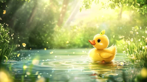 Fluffy duckling drifts through glowing forest pond light