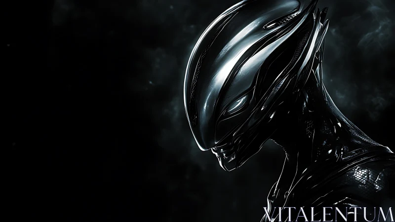 Sleek chrome alien cyborg head emerging from dark void