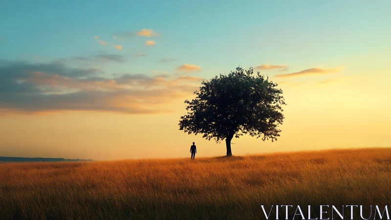 Golden meadow sunset welcomes a quiet moment beneath tree